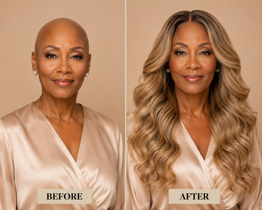 Before and after comparison of a woman with long, wavy hair against a beige background.
