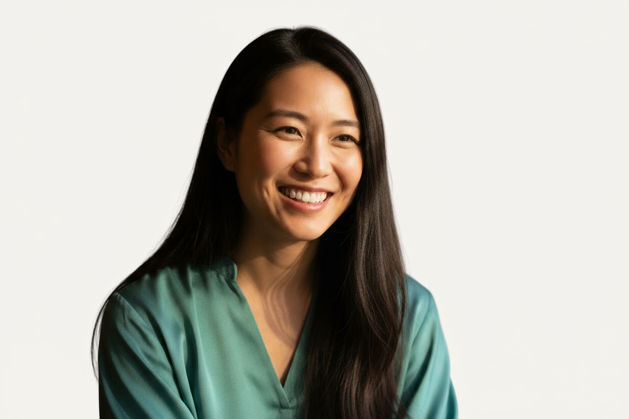 Woman with long dark hair wearing a teal shirt on a white background