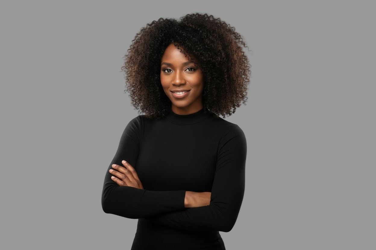 Woman in a black outfit wearing curly hair with a  gray background