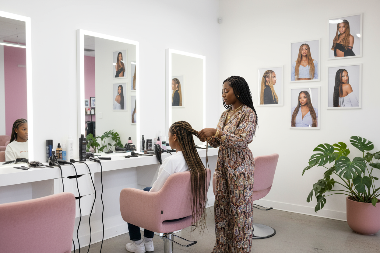 lady braiding hair in a hair salon