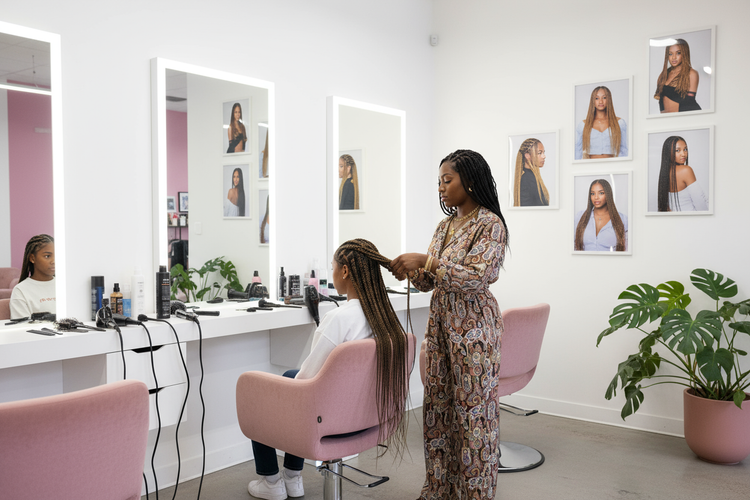 lady braiding hair in a hair salon