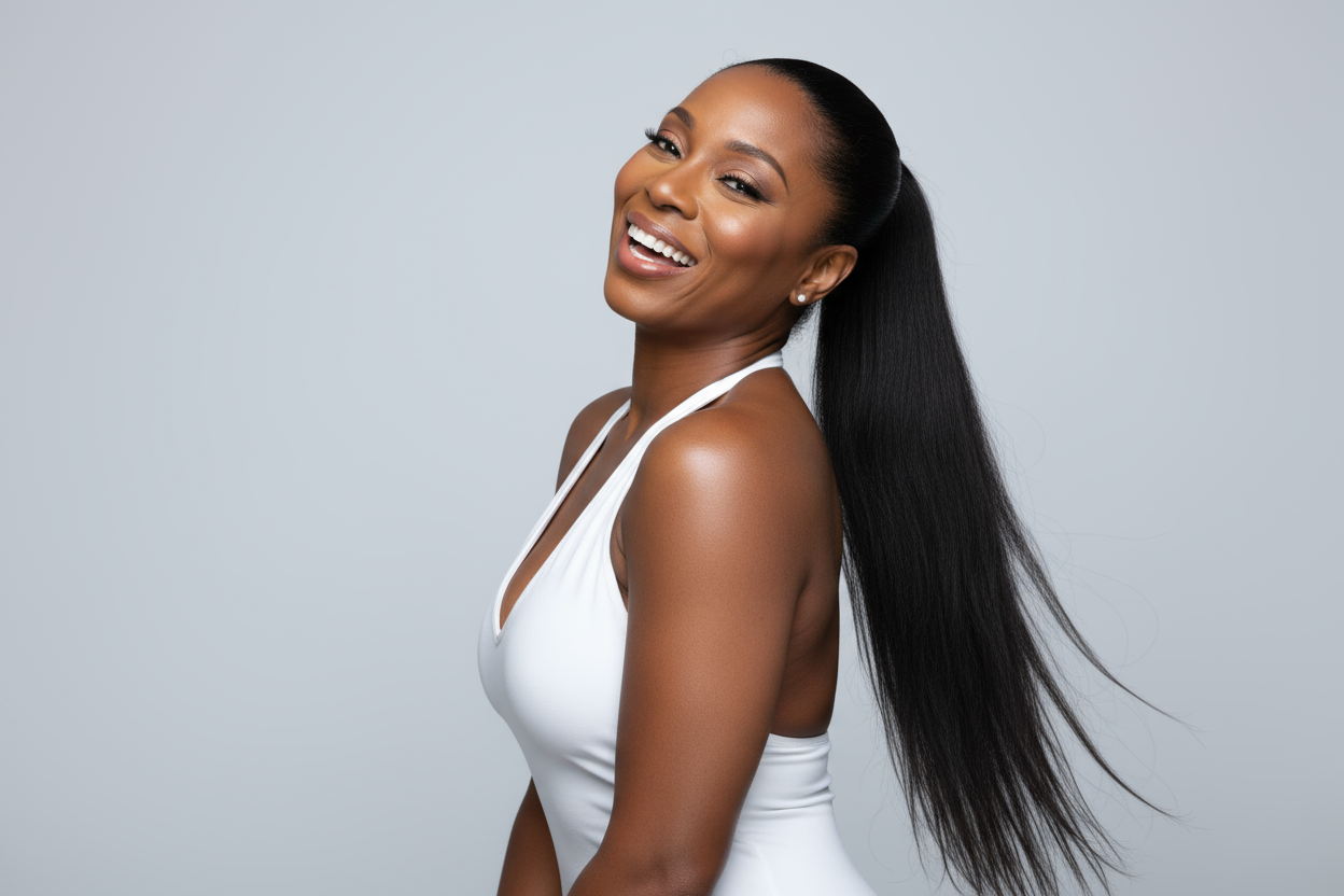 Natural black ponytail with hair to wrap around natural hair to help secure ponytail in place