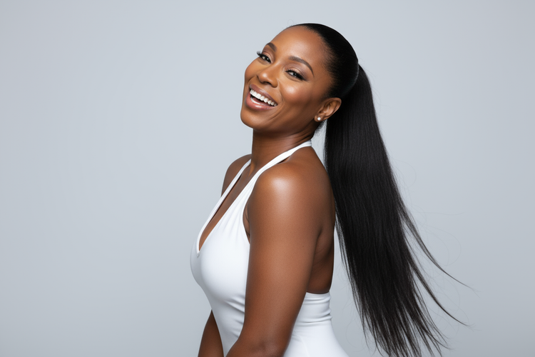 Natural black ponytail with hair to wrap around natural hair to help secure ponytail in place