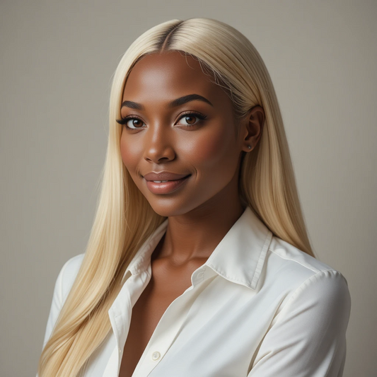 Woman with long blonde clip-in hair wearing a white shirt against a neutral background