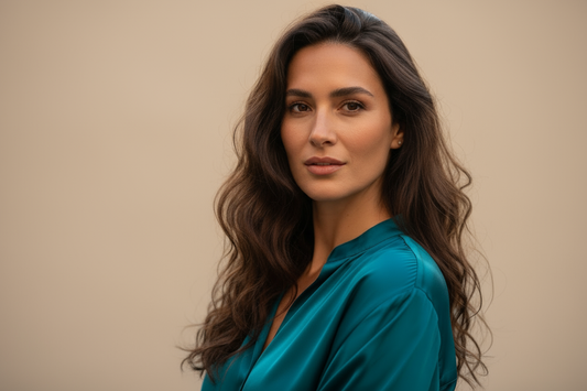 Woman wearing a teal top against a beige background