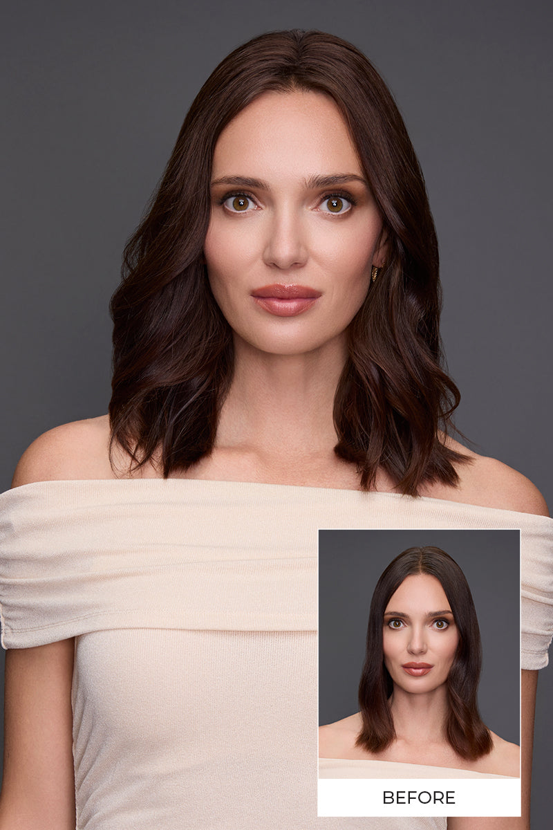 Woman with shoulder-length hair, wearing a beige off-shoulder top, with an inset labeled 'Before'.