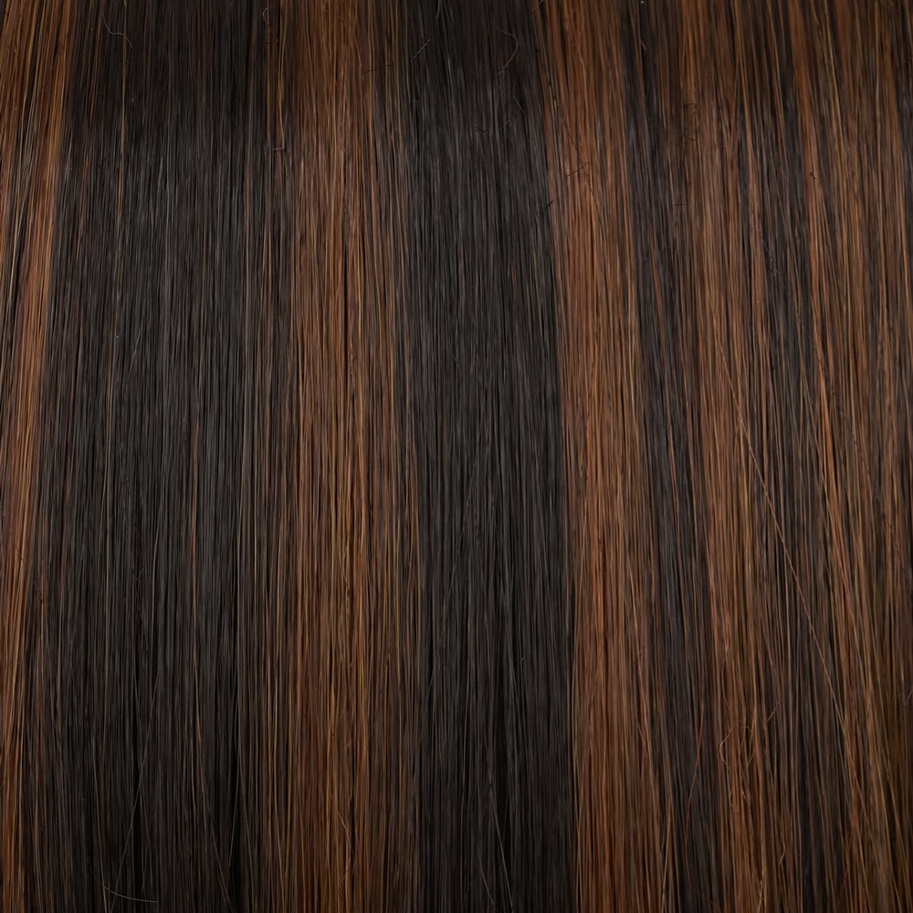 Close-up of dark brown hair extensions