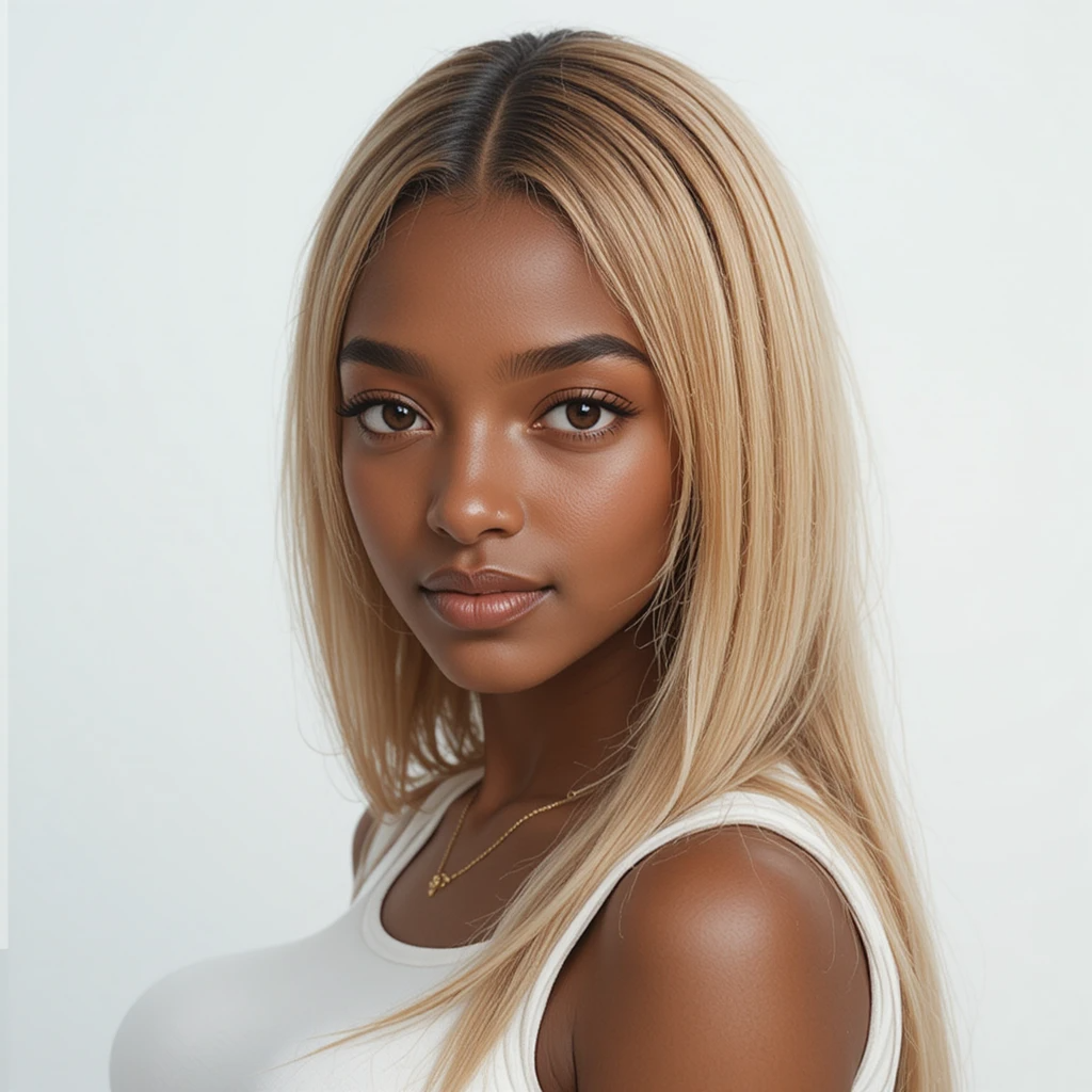 Woman with long, honey blonde, seamless hair wearing a white top on a light gray background