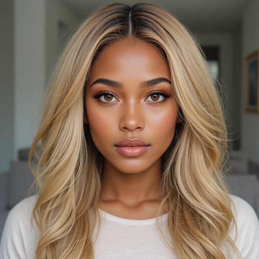 Woman with long, honey blonde, seamless hair wearing a white top.