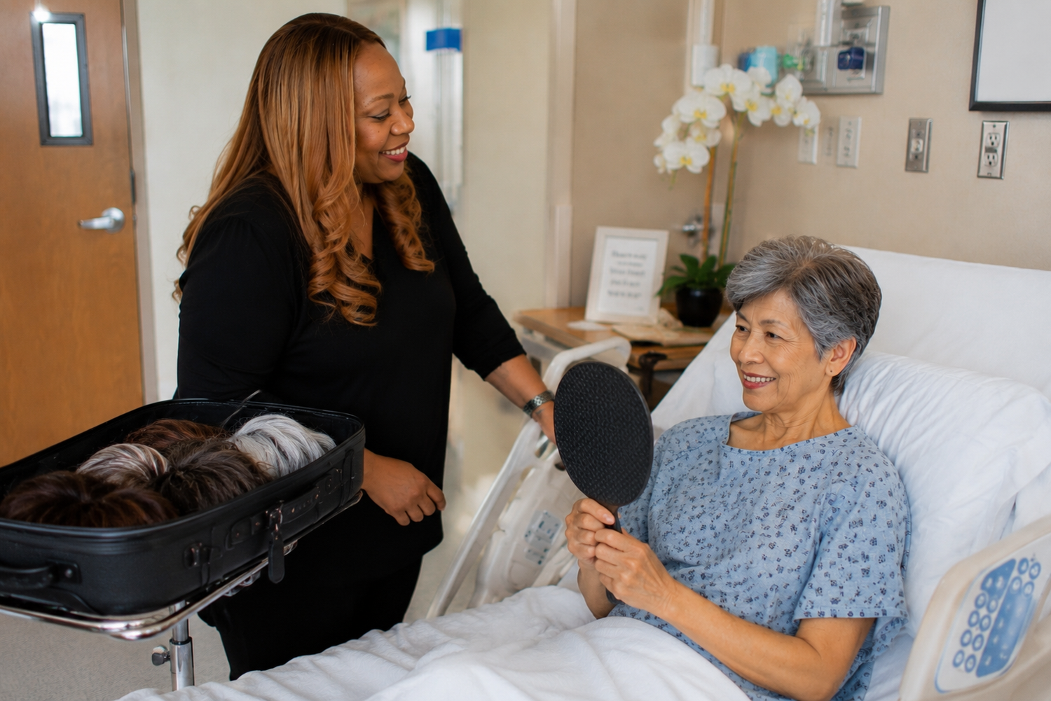 Woman in a black outfit assisting an elderly woman in a hospital bed with a hair mask.