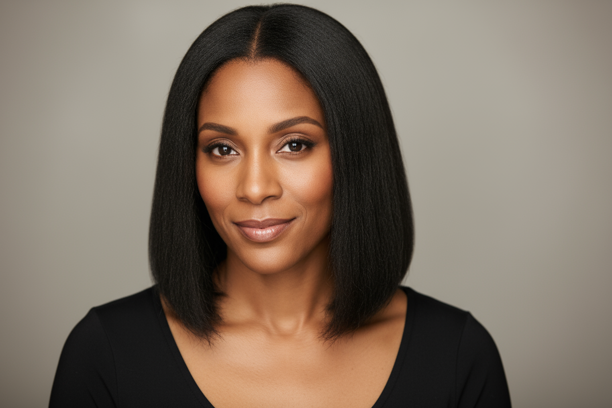 Woman with a short black bob hairstyle against a neutral background