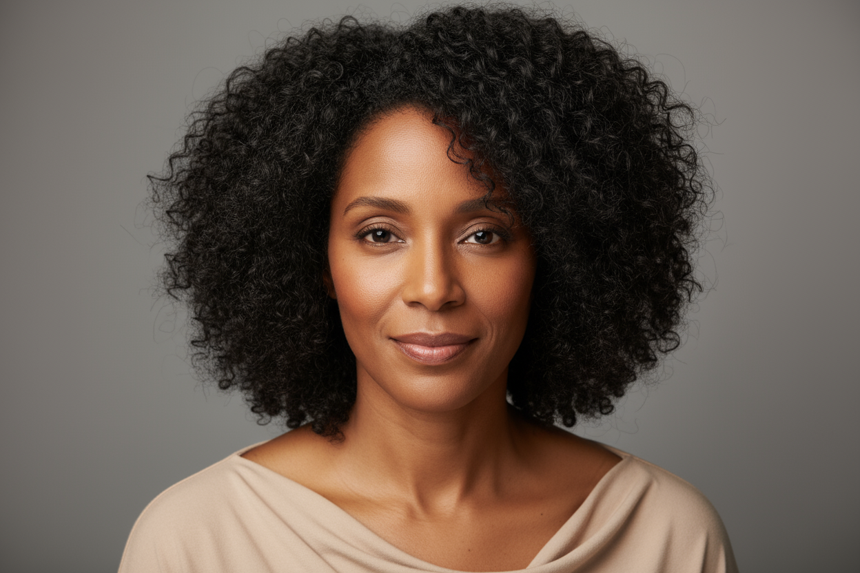 Woman with afro kinky curly wig wearing a beige top against a gray background