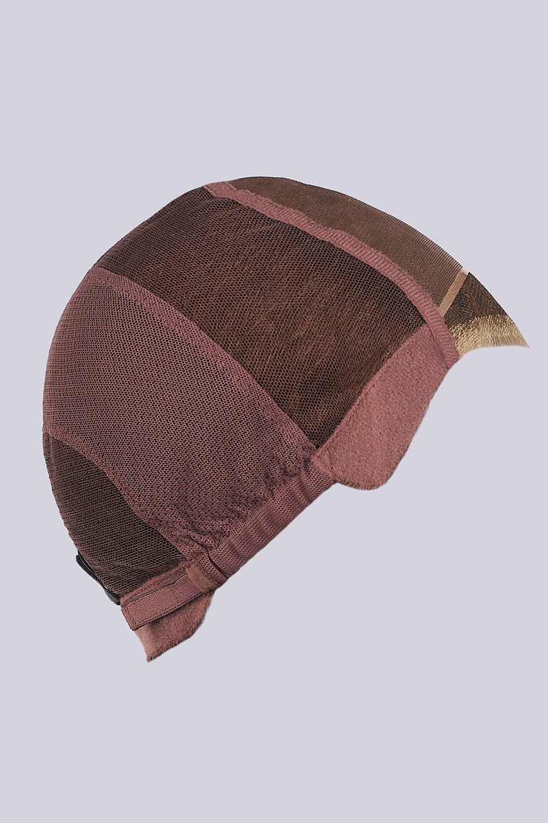 Brown beanie with a striped pattern on a plain background