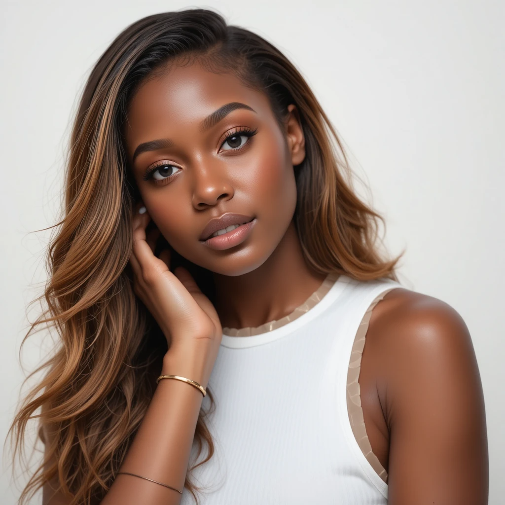 Woman with long, wavy hair, medium brown clip-in hair, wearing a white top against a plain background
