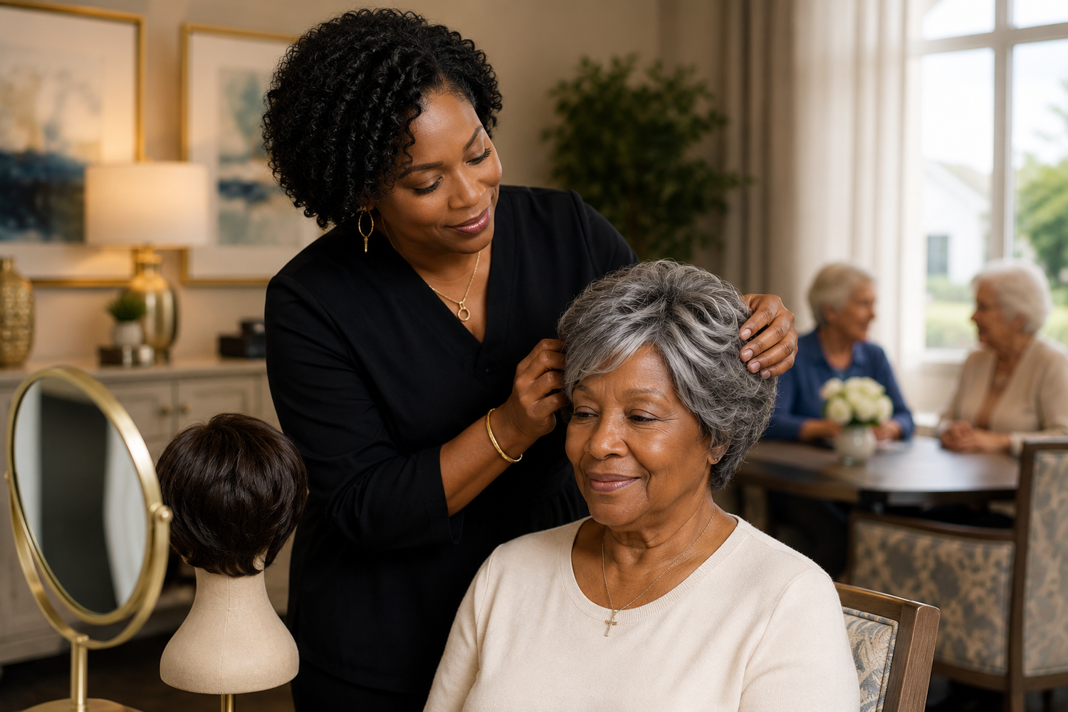 Woman getting her hair styled by another woman in a salon setting.
