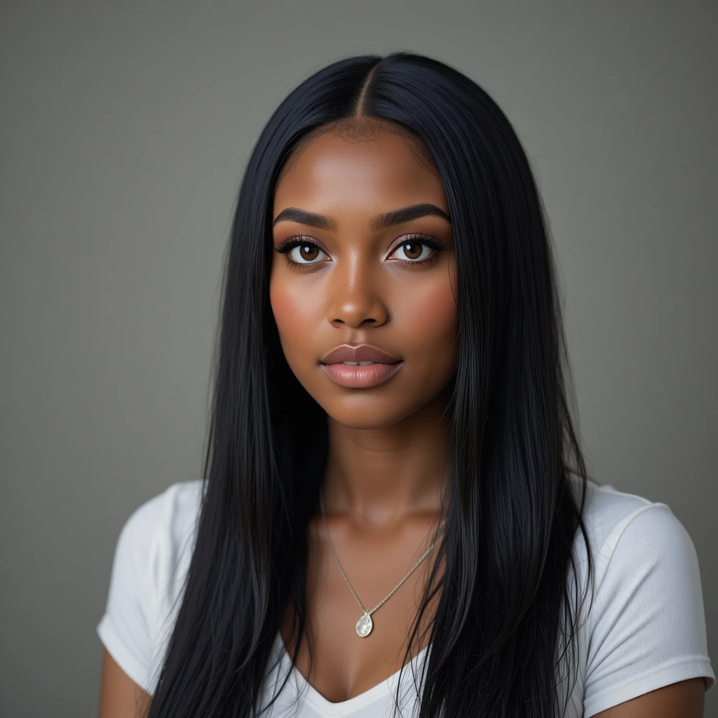 Woman with long natural black hair wearing a white shirt against a gray background