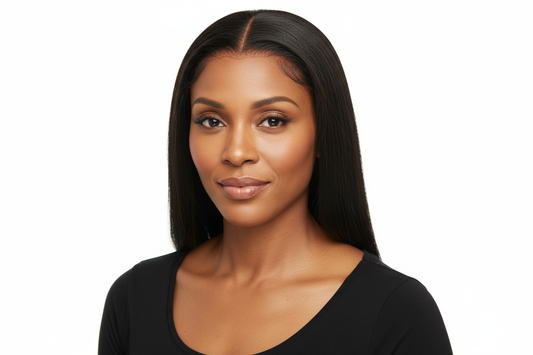 woman wearing a black top with long straight moo lace front wig