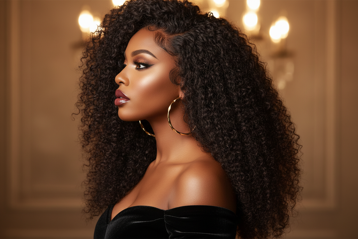Woman with voluminous curly hair in an elegant setting