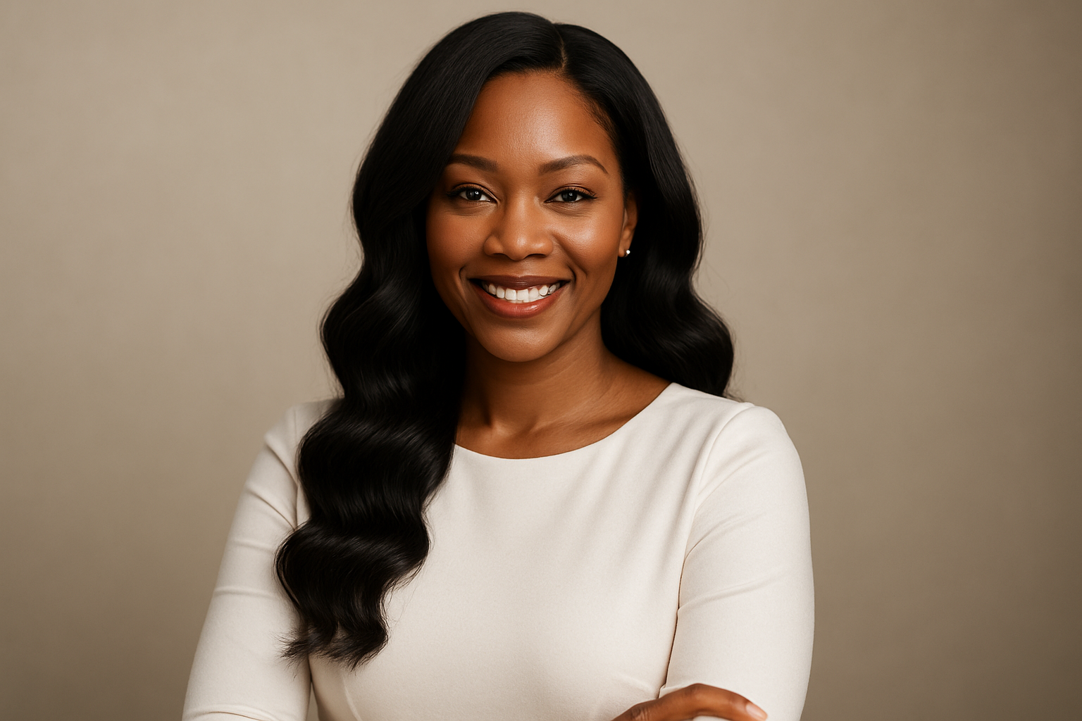 A African American woman with a warm and inviting smile, dressed in a white long-sleeved white top, showcasing a sense of sophistication and refinement, posing with confidence and poise, featuring a 4x4 closure long body wave wig in a rich black color, framing her face with a subtle sheen, capturing a moment of quiet joy and contentment.