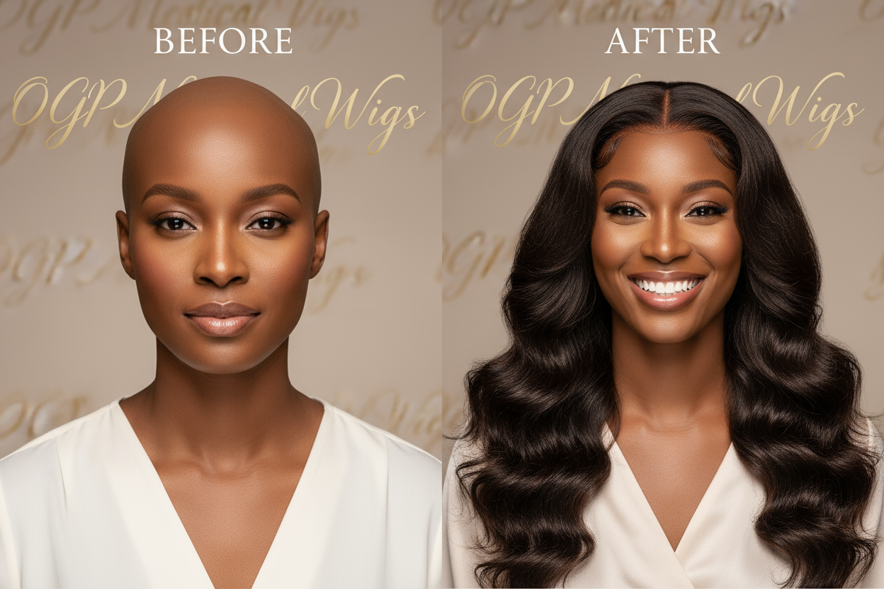A bald africian american lady bald (before), after long body wave hair after. Background says OGP Medical Wigs