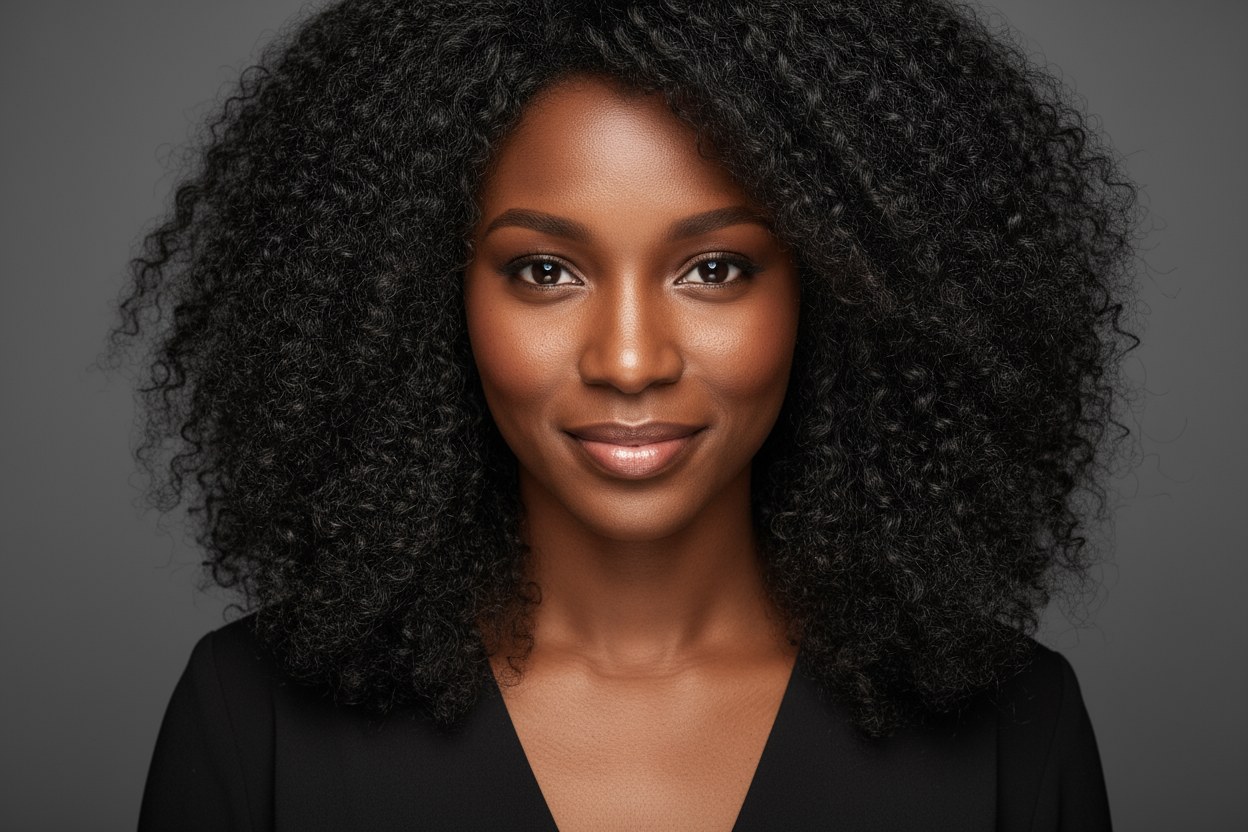 An African American woman wearing a black top with a 18-inch curly black hair, posing for a hyper-realistic headshot. grey background