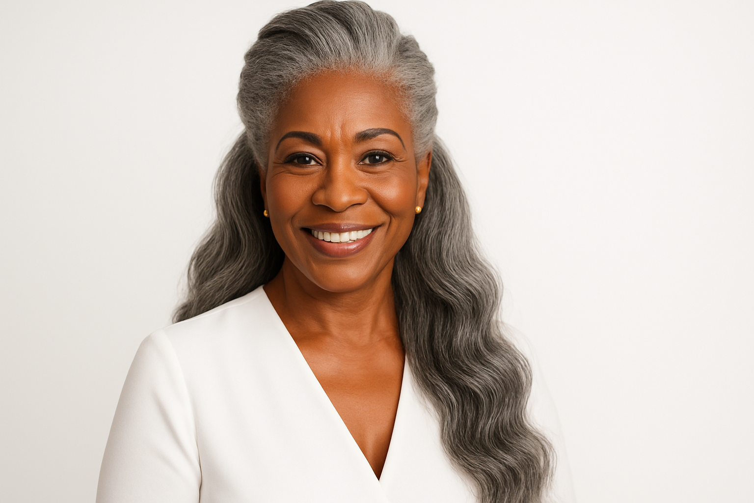 change background to white. change her outfit to white and add longer eyelashes