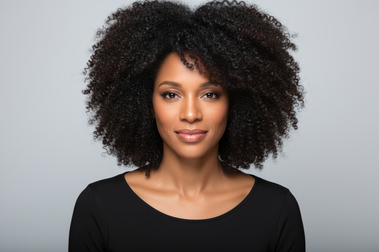 Woman with a curly mono lace front wig wearing a black top against a gray background