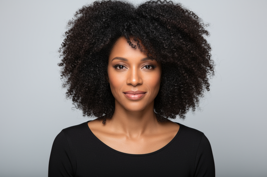 Woman with a curly mono lace front wig wearing a black top against a gray background