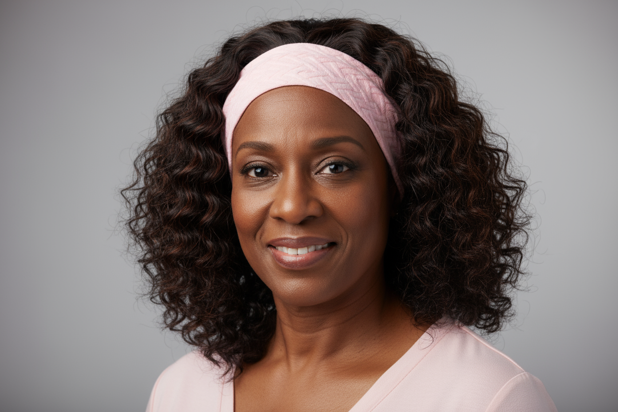 Black mature woman wearing a pink top with a deep wave headband wig. 