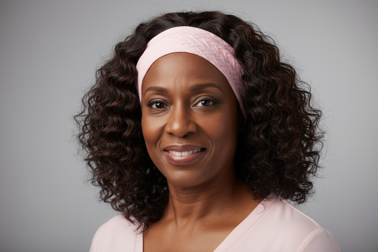 Black mature woman wearing a pink top with a deep wave headband wig. 