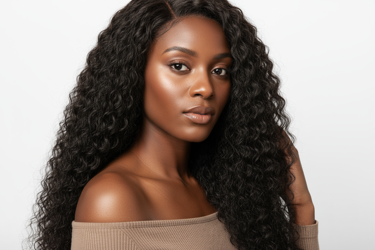 Woman with long, kinky curly black hair against a white background