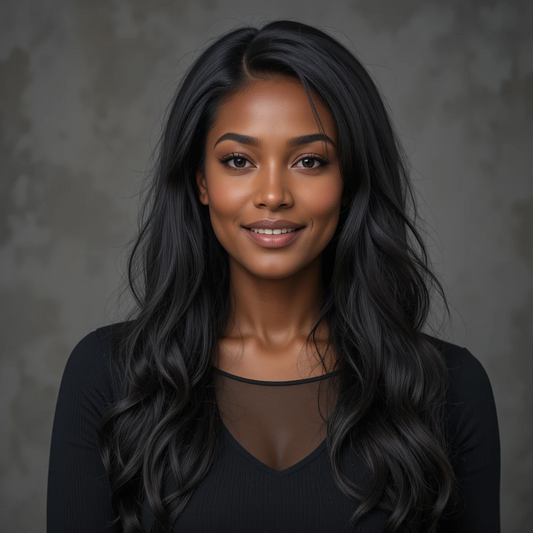 Woman with long black hair wearing a black top against a dark background