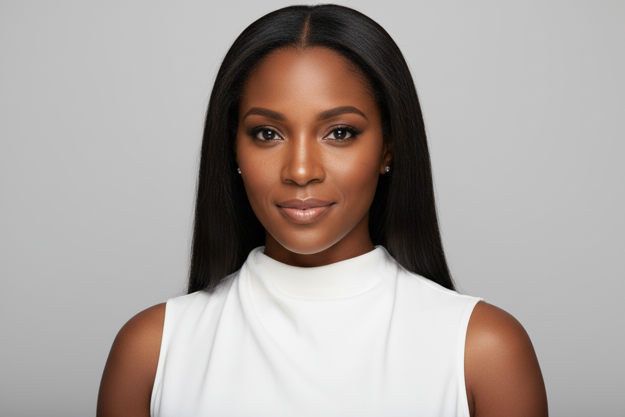 Woman with long, straight, full-lace wig in black. She is wearing a white sleeveless top against a gray background 