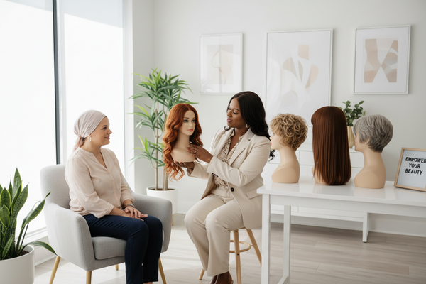 Woman discussing hair options with a stylist in a salon setting.