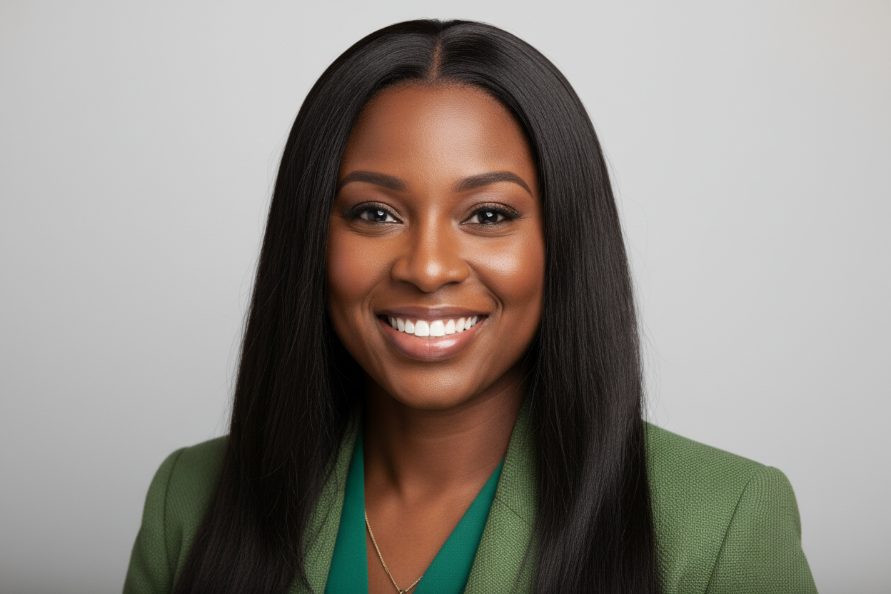 Woman with long black hair wearing a green blazer against a gray background