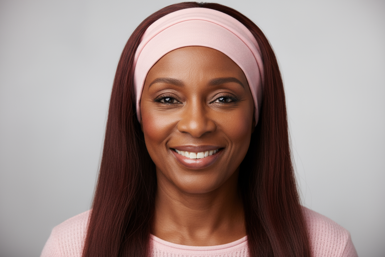 Black mature woman wearing a pink top with a long straight headband wig. 